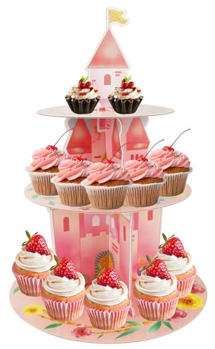 3-stöckiger Aquarell Cupcake Ständer in Form eines rosa Schlosses,Muffin Ständer,Tortenständer aus Karton,für Geburtstagsfeiern, Teepartys, wiederverwendbarer Princess Karton Dessert Turm Halter