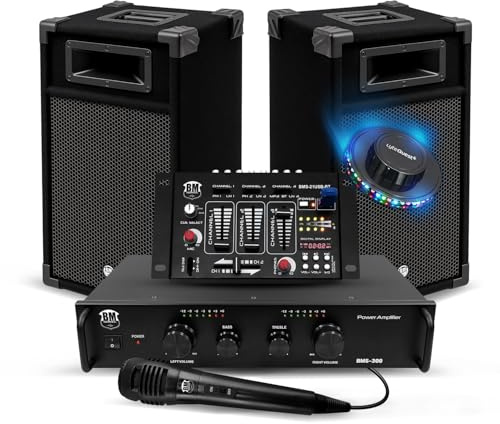 Sound-Set, 300 W, Bm Sonic BMS-DJ300, Einsteiger DJ Lautsprecher, Verstärker, Mischpult, Bluetooth, USB, Mikrofon, LED-Licht, Kabel
