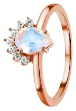 Whoiy Ring 375 Rosegold Damen Größe 52 (16.6), Verlobungsringe Echtgold Mondstein 0.5ct Ehering Tropfenform Goldring für Frauen
