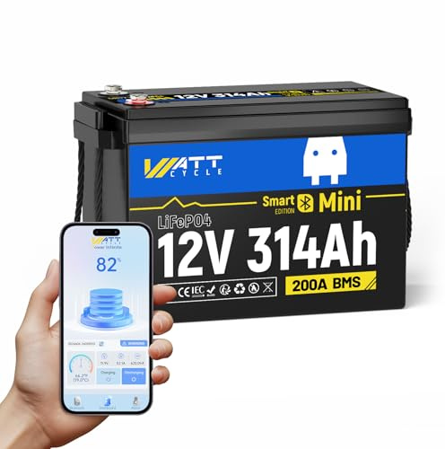 Wattcycle 12V 314Ah LiFePO4 Lithium Battery Mini, 4019Wh Bluetooth Battery, 200Ah BMS with low-temperature protection, Max. 15,000 charge cycles for 10 years, Ideal for RVs, Solar Systems, Home