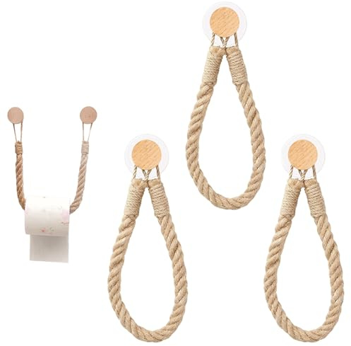 3 Pack Wooden Rope Toilet Roll Holder，Self-Adhesive Wall Mount for Bathroom | self-adhesive wall mounted paper towel holder for bathroom & kitchen. No drill, natural jute & wood bath decor set