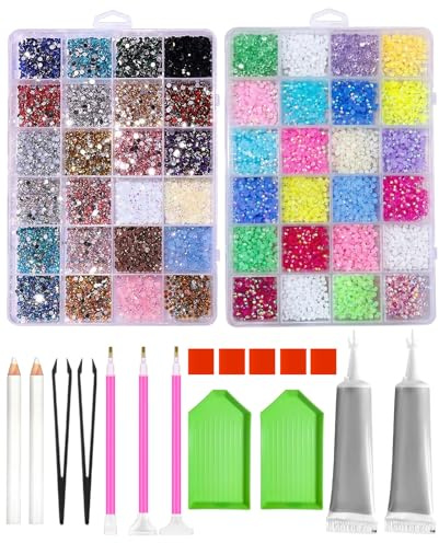 Bettinay 48Colors Nail Rhinestones, 3MM Flatback Rainbow Gems with 2 Jewelry Glue for DIY Art Crafts Decoration