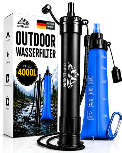 Outdoor Wasserfilter + faltbare Trinkflasche 0,5L | Für Camping & Wandern | Notfallausrüstung tragbarer Trinkwasserfilter I Filtert 99,99% der Bakterien | Trinkwasseraufbereitung für 4000L Gipfelrein