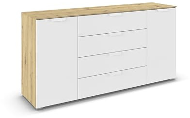 Rauch Möbel ADITIO, Kommode, Farbe Weiß/Eiche Artisan, Breite 160 cm | Sideboard im modernen Look, 2-türig, 4 Schubladen, Soft-Close-Funktion, für Schlafzimmer, Gästezimmer, Wohnzimmer, Garderobe