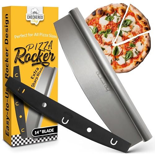 Checkered Chef Trancheuse à Pizza à Bascule - Lame Mezzaluna de 35,6 cm avec Couvercle en Acier Inoxydable.