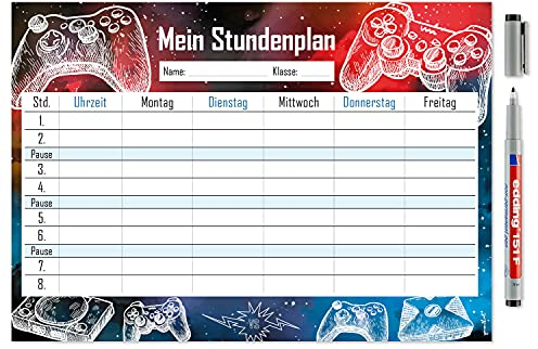 Gaming Stundenplan abwischbar I DIN A4 I Rückseite selbstklebend I Jungen Jungs Teenager, cool I mit Stift I Geschenk-Idee I dv490