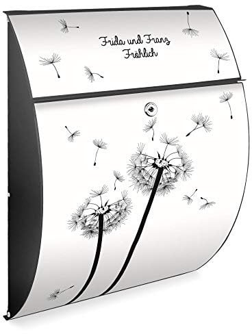 Burg Wächter Design Briefkasten | Modell Riviera 46x33,5x13cm groß | verzinkter Stahl Anthrazit | Postkasten mit Öffnungsstopp, großer A4 Einwurf, Zylinderschloss, 2 Schlüssel | Motiv WT Pusteblume 2