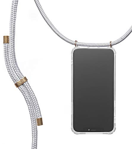KNOK Premium Handykette für Apple iPhone 11 Pro, Silbergrau, transparent | Silikonhülle mit fest verbundener Kordel zum Umhängen, stoßfest, ideal für Festival, Konzert oder Alltag, robust