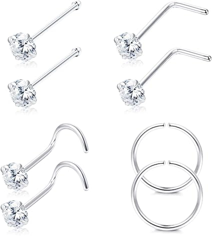 Sllaiss 22G 925 Sterling Silver Nose Rings Studs L Shaped CZ Nose Rings Hoop for Women Men Corkscrew Nose Rings Helix Piercing Jewelry Set Cartilage Earrings Hoop Tragus 8Pcs (1.5)