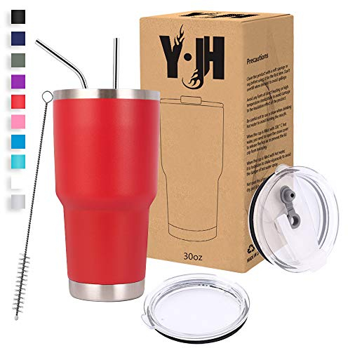 Y·J&H 30oz (850ml) Travel Tumbler Double Wall Vacuum Insulated Coffee Mug Stainless Steel Coffee Cup with 2 Splash Proof Lid, 2 Straws & Free Cleaning Brush, BPA Free - Red