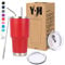 Y·J&H 30oz (850ml) Doppelwandig Vakuum Isolierter Autobecher, Edelstahl Reiseflasche, Thermobecher Kaffee to Go mit 2 Spritzfestem Deckel 2 Strohhalm, Rohrbürste,BPA Free - Rot