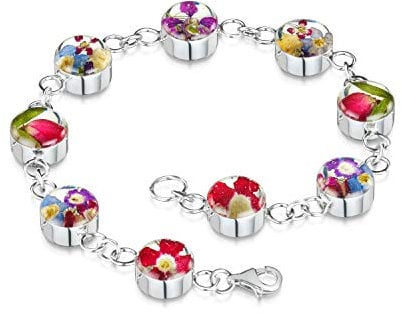 Shrieking Violet 925 Sterling Silver Round Real Flower Link Bracelet - Assorted Flowers (Multicolour)