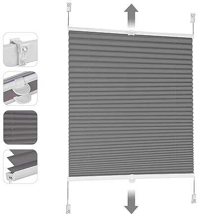 Sekey Plissee ohne Bohren Verdunkelung, Fenster Plissee Klemmfix Jalousie 85 cm breit, Verspannt Blickdicht Sonnenschutz Fensterollo, 85x130cm, Grau