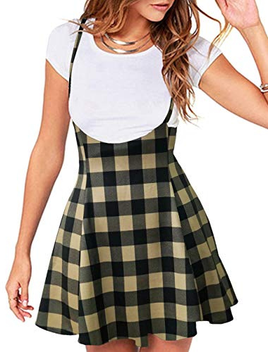 Damen Strapse Hosenträger Casual Rock Kleid Basic Hohe Taille Vielseitig Flare Skater Schultergurte Kurz Rock, 01-y-kariert, Grau, Klein