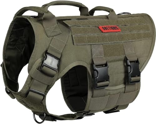 OneTigris Large Tactical Dog Harness, No Pulling Adjustable Dog Vest Harness, Heavy Duty Dog Harness with Handle, Large Hook and Loop Panels for Patch Black(Ranger green, XL)