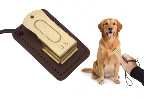 Mythrojan Messing und Stahl Haustier-Trainings-Clicker Welpen-Hundetraining Cricket-Klicker US-Gravur,Militärausrüstung, Metallklicker (Clicker mit Ledergreifer)