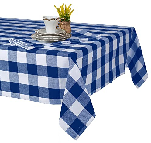 Tischdecke 140x240 - Robustes Tischtuch aus Baumwolle - Hochwertige Tischdecke blau kariert - Table Cloth - Waschbare Stofftischdecke mit 220g/m²