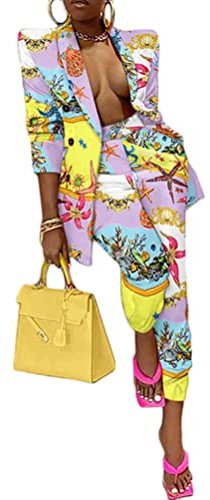 ORANDESIGNE Tailleur Femme Blazer 2 Pièces Costume à Carreaux Décontracté à Manches Longues Veste et Pantalon D Jaune XL