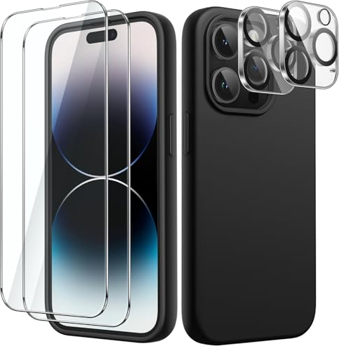 JETech 5 in 1 Silicone Case for iPhone 14 Pro Max 6.7-Inch, with 2-Pack Screen Protector and 2-Pack Camera Lens Protector, Full Coverage Tempered Glass Film, Shockproof Phone Cover (Black)