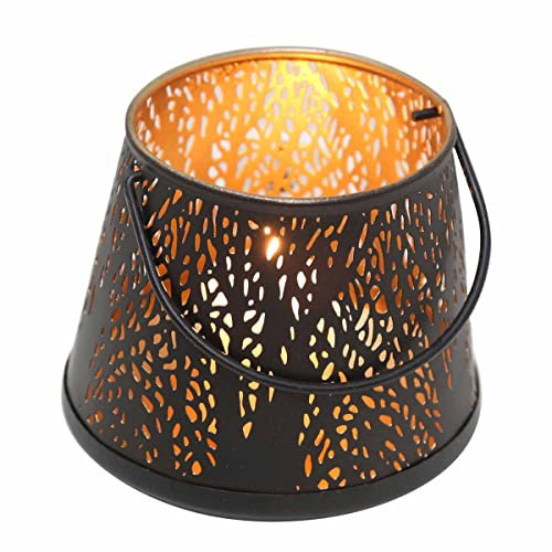 Orientalisches Windlicht Como klein Ø 13cm H 18cm Metall innen Gold außen schwarz mit Henkel marokkanischer Kerzenhalter Wohn-Deko Weihnachten IR71