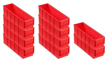 SparSet 10x Rote Industriebox 300 S | HxBxT 8,1x9,1x30cm | 1,6 Liter | Sichtlagerkasten, Sortimentskasten, Sortimentsbox, Kleinteilebox