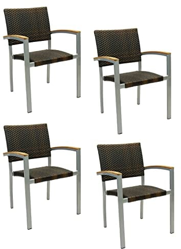 Konway 4X Borneo Stapelsessel Lederlook Polyrattan Garten Sessel Stuhl Set braun Gartenstühle Gartenmöbel Terrasse Sitzgruppe Outdoor Lounge Möbel