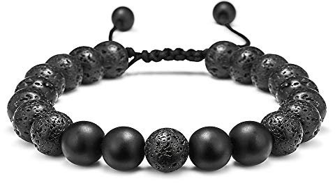 TINGN Lavastein Armband, 8mm Schwarz Matt Achatstein Perle für Männer und Damen, Stressabbau Yoga Verstellbares Herren Armband