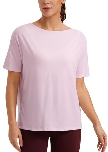 CRZ YOGA Damen Sport Top Fitness Kurzarm Leichte Sommer Loose T Shirt Atmungsaktiv Baumwolle Yoga Oberteile Rosa Pfingstrose 40