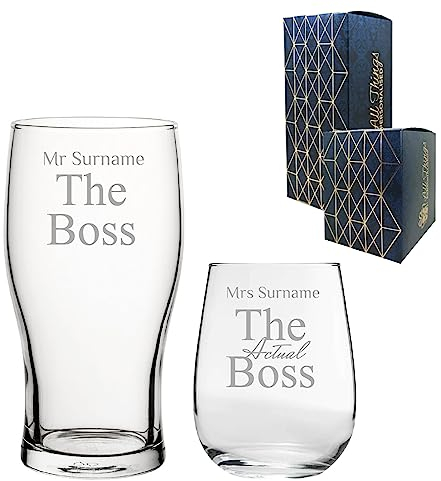 Personalised Engraved His and Hers Beer and Stemless Wine Glass Set, Wedding or Anniversary, The Boss and The Real Boss Design, Gift Boxed, Engraved in The UK