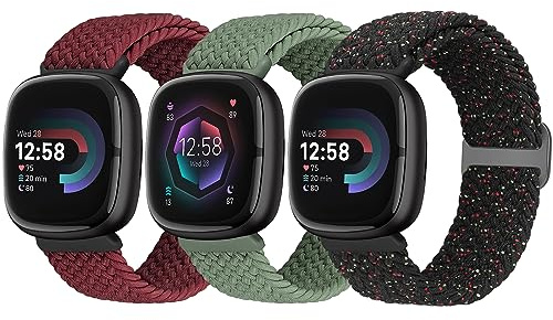 Yunshare 3 Stück Geflochtenes Armband Kompatibel mit Fitbit Versa 4 /Fitbit Sense 2/Fitbit Versa 3/Fitbit Sense, Weiches Elastisch Nylon Sport Solo Loop Ersatzband Damen Herren