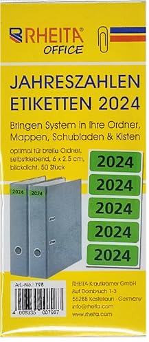 Jahreszahlen 2024, 50 Stück im Beutel für breite Ordner, selbstklebnd, 6 x 2,5cm