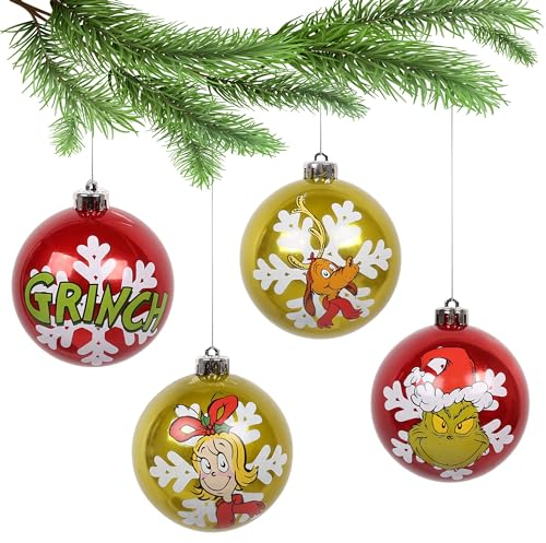 sarcia.eu Der Grinch Weihnachtskugelset, Weihnachtsbaumschmuck aus Kunststoff 4 Stück Einheitsgröße