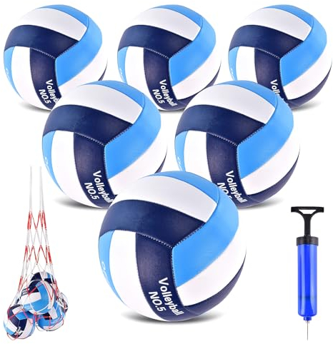 ELKCIP 6 Pack Volleyballs Official Size 5, Soft Bulk Recreational Volley Balls with Pump and Net Bag for Indoor Outdoor Beach Pool Water Sand Game Training Match for Beginner Women, Navy Blue