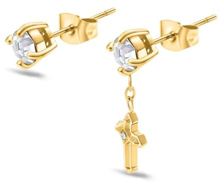 Police PEAGE0036503 Ohrringe für Herren, Gelbvergoldet, Kristall und Kreuz, Mismatch, Large, Edelstahl, Kein Edelstein