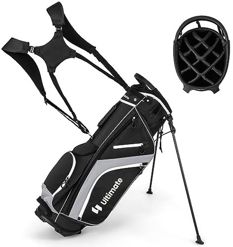 GYMAX Sac de Golf Trépieds avec 14 Séparateurs et 6 Poches de Rangement, pour Boisson, Objets de Valeur, Vêtements, avec Sangle Double, Capuche Anti-Pluie (Gris)
