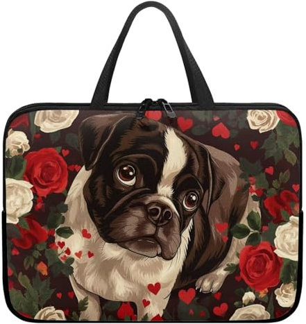 Poceacles Pug Dog Rose Floral 10 12 13 15 17 pollici Laptop Carry Bag Chromebook Case Notebook Ultrabook Bag Tablet Cover Neoprene Laptop Sleeve case chromebook Sleeve with Handle