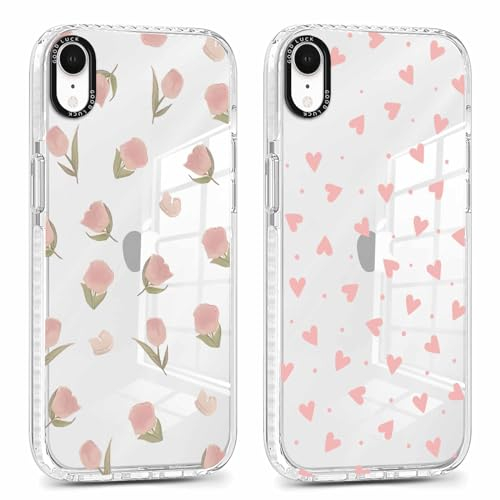 Xylota 2 Stück Transparent Handyhülle für iPhone XR 6,1 Hülle, Durchsichtig Case Muster Aesthetic Blumen Herz Mädchen Schutzhülle, Weich Silikon TPU Bumper Stoßfeste Cover für iPhone XR,1-6
