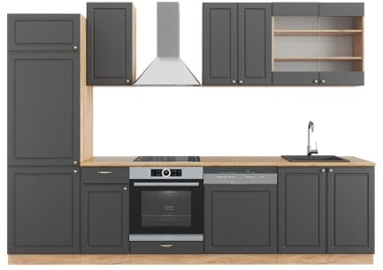 Vicco Küchenzeile Fame-Line, Anthrazit Landhaus/Goldkraft Eiche, 300 cm | 8 Module · Höhenverstellbare Füße · Arbeitsplatte Eiche · MDF-Fronten · Softclose · Metallgriffe