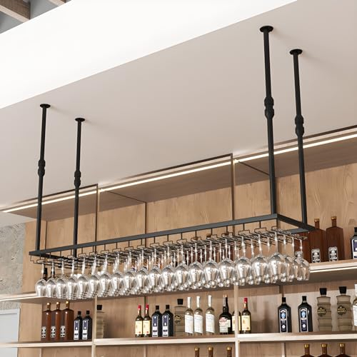 YDEHUEAD Portabicchieri da vino da appendere in altezza regolabile/Portabottiglie da Soffitto - Mensola da Soffitto/Portabottiglie da vino vintage/Portabottiglie da parete rustico (Nero, 120 * 40cm)