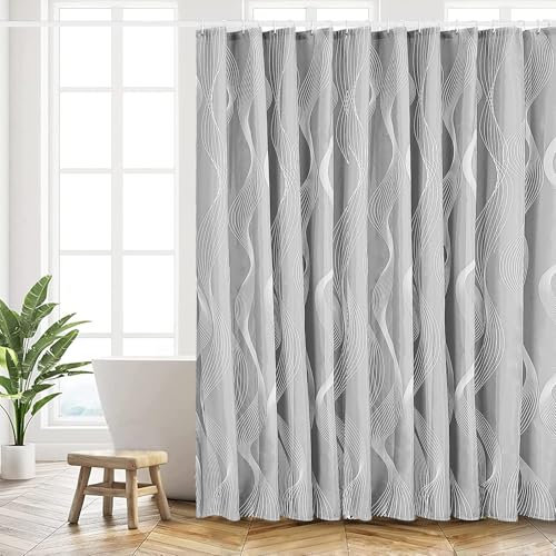 HANFU Tenda Doccia 180x200 cm, Tenda per Doccia Polyester Lavabile, Tende Doccia Asciugatura Rapida con 12 Ganci, Tenda Vasca da Bagno per Casa Hotel, Orlo Ponderato, Grigio Curva