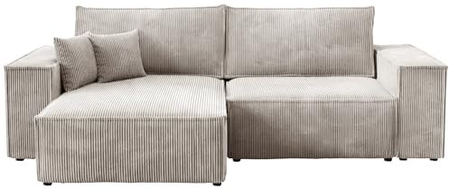BROMARKT - Sofa mit Schlaffunktion - Schlafsofa Pedro - Ecksofa L-Form Sofa - Modern Design Couch - Kordstoff - Freistehend - mit Bettzeugbehälter - 255x153x85cm - Beige