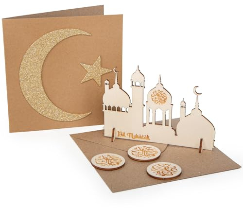 Logbuch-Verlag Eid Mubarak Grußkarte mit Miniatur Moschee aus Holz Bayram Geschenk Eid al-Fitr Ramadan Deko 15 x 15 cm