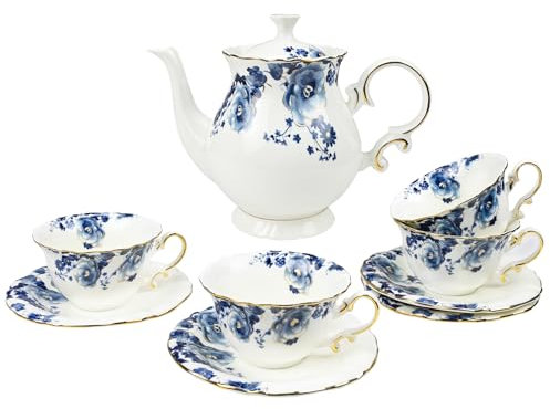 LE POTOCIO Bone China Tee-Set für Erwachsene, 13-teiliges Teeservice aus blauem und weißem Porzellan für 4, Vintage-Blumen-Teeset mit Teekanne und Teelöffeln, Teeparty-Sets für Frauen Geschenk (Blau)