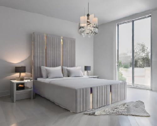 mm08enn Panel Plush Velvet Upholstered Bed Frame, Single, Double, King, Super King Size with Gold Strips (Steal, 5ft King Size)