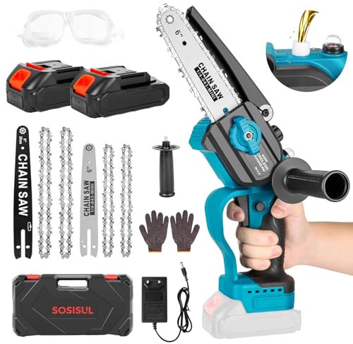 Mini Akku Kettensäge, 8 & 6 Zoll Mini Kettensäge Elektro mit Automatischer Öler und 2 Akku 4000mAh, Sosisul Mini Kettensäge mit Akku, Handkettensäge Akku für Gartenscheren Astschere Holzschneidenz