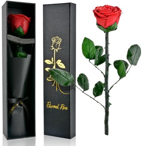 PLECUPE Ewige Rose mit Stiel, Echte Infinity Rose in Box, Rote Rosen Geschenkbox Frauen, Haltbare Konservierte Rose in Rosenbox, Geschenk für Mutter Freundin Valentinstag Muttertag-Rot mit Glitzer