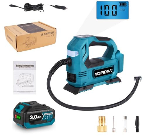 Yofidra Compressore d'aria a batteria, pompa ad aria portatile per auto con luce LED e display digitale, 180pSI, 3 ugelli, 1 batteria da 3,000 mAh e adattatore per auto da 12 V, compressore auto per