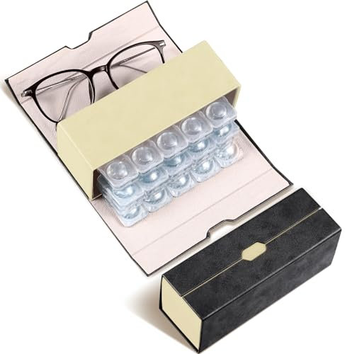 Flutesan Estuche diario para lentes de contacto y organizador de gafas, 2 en 1, de doble cara, portátil, para viajes, uso diario al aire libre, almacenamiento de hasta 30 lentes (negro)