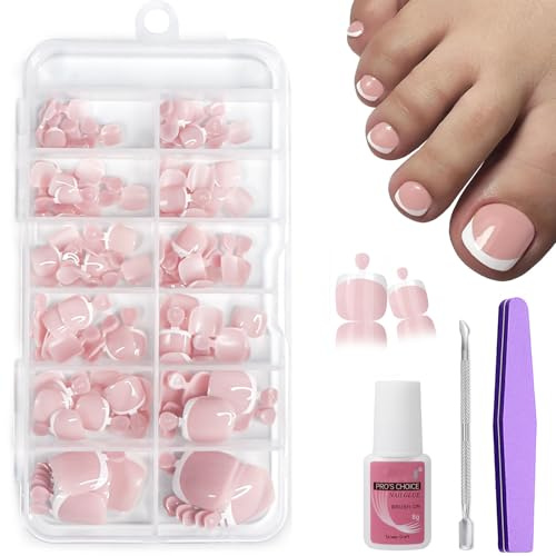 French Fake Toe Nails Set - 120PCS Press on Toenails Short - Square False Toe Nails Short Nude Color Tip False Toenail Kit - Full Cover Stick on Nails with Glue for Women Girls Nail Art Manicure