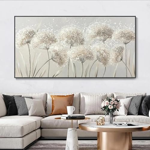 ZHUOYA Ölgemälde „Blumenlandschaft mit weißer Pusteblume“, blühende Blumen, Naturtöne, Wandkunst, Leinwandbild, abstrakte Struktur, 40 x 60 cm, rahmenlos